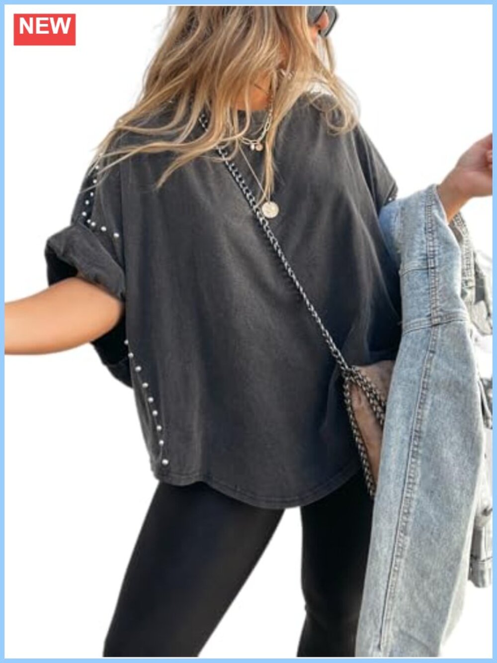 Oversized Batwing Sleeve Studded T-Shirt Asymmetric Hem Loose Fit